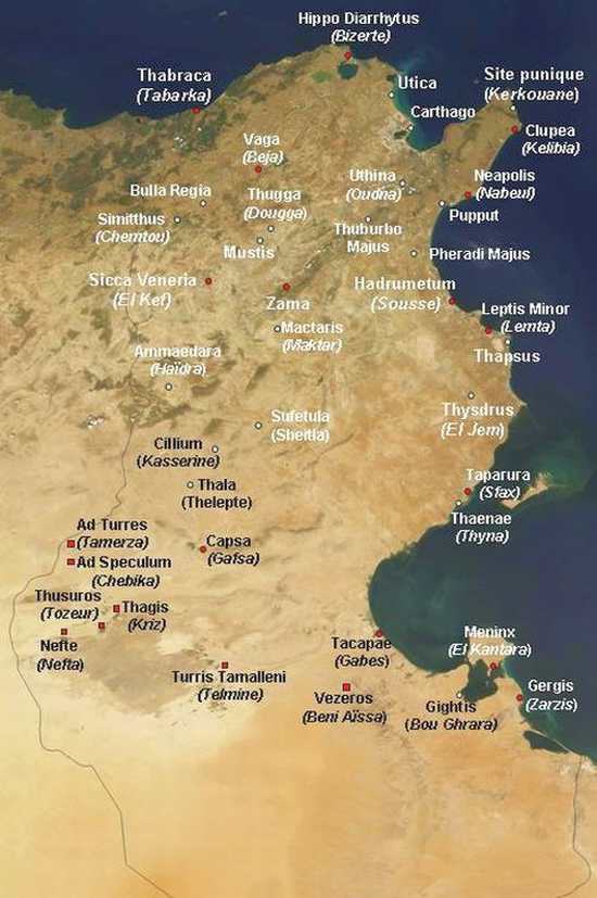Karte der römischen Städte in Tunesien